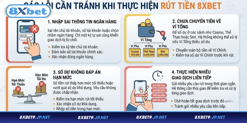 Các lỗi cần tránh khi thực hiện rút tiền 8XBET  