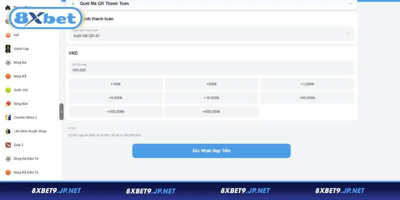 Nạp tiền 8XBET thông qua quét mã QR thanh toán
